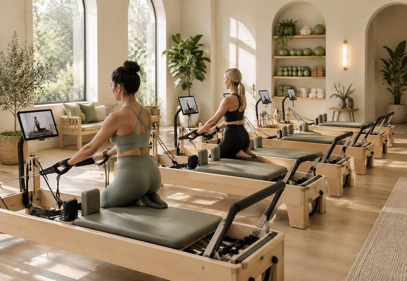 A bright Reformer Pilates studio with a row of reformers, each with its own kiosk, and two members training independently